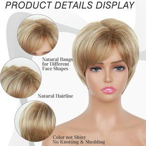 Short Straight Omber Synthetic Wig W/Bangs (Blonde with Brown) w/Eyelashes & Cap